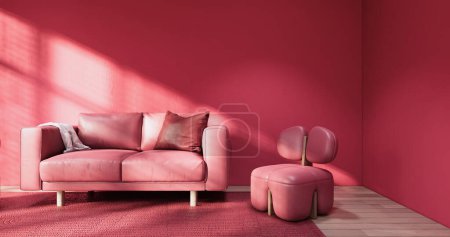 viva magenta color Salón muji estilo minimalista con pared roja y sofá rojo.