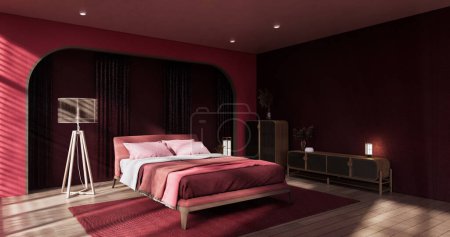 Téléchargez les photos : Viva magenta chambre à coucher de couleur design japandi sur intérieur de chambre muji minimale. - en image libre de droit
