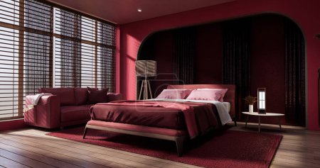 Téléchargez les photos : Viva magenta chambre à coucher de couleur design japandi sur intérieur de chambre muji minimale. - en image libre de droit