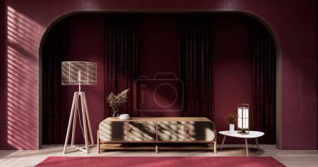 Photo for Cabinet in Viva magenta Living room with red wall and lowtable japandi style. - Royalty Free Image
