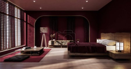 Photo for Viva magenta color bedroom japandi design on minimal muji room interior. - Royalty Free Image