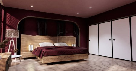 Foto de Viva magenta color dormitorio japandi diseño en el interior de la habitación muji mínima. - Imagen libre de derechos