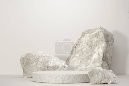 Pierre de roche podium blanc plateau de produits vierges debout toile de fond.