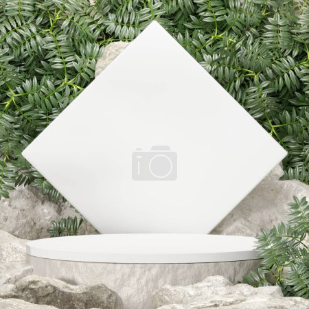 Foto de Piedra de roca podio blanco Estante de producto en blanco de pie telón de fondo. - Imagen libre de derechos