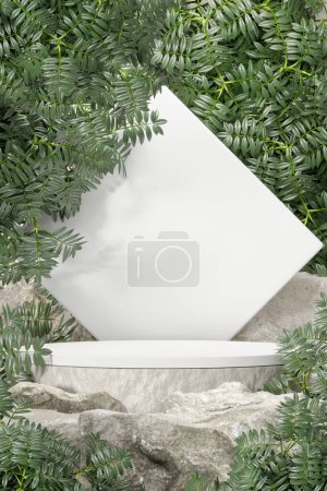 Foto de Piedra de roca podio blanco Estante de producto en blanco de pie telón de fondo. - Imagen libre de derechos