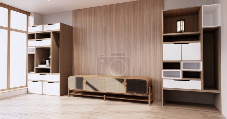 Foto de Estantes de pared de la caja de la idea en diseño mínimo del estilo de la sala de estar japandi. - Imagen libre de derechos