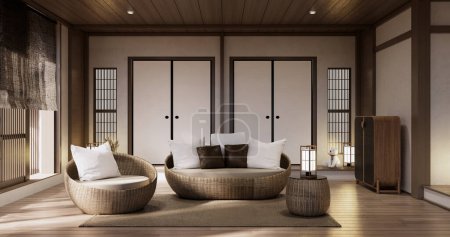 Téléchargez les photos : Fauteuil Muji Sofa sur Salon vide style japandi. - en image libre de droit