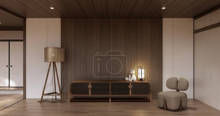 Téléchargez les photos : Cabinet design japandi en bois sur fond de mur vide de style muji salon. - en image libre de droit