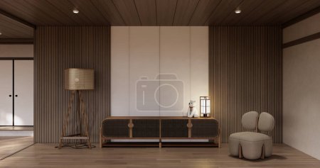 Foto de Gabinete de madera japandi diseño en sala de estar muji estilo fondo de pared vacío. - Imagen libre de derechos