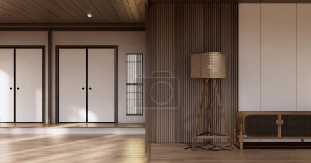 Téléchargez les photos : Cabinet design japandi en bois sur fond de mur vide de style muji salon. - en image libre de droit
