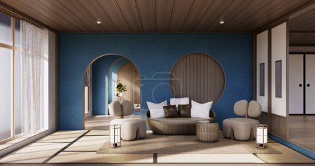 Foto de Interior minimalista, muebles y plantas de sofá, diseño moderno de la habitación del cielo azul. - Imagen libre de derechos