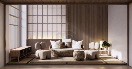 Foto de Muji Sofá sillón en la sala de estar vacío estilo japandi. - Imagen libre de derechos