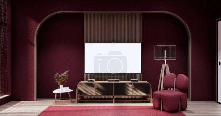 Foto de Cabinet in Viva magenta Living room with red wall and armchair japandi style. - Imagen libre de derechos