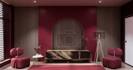 Téléchargez les photos : Cabinet in Viva magenta Living room with red wall and armchair japandi style. - en image libre de droit