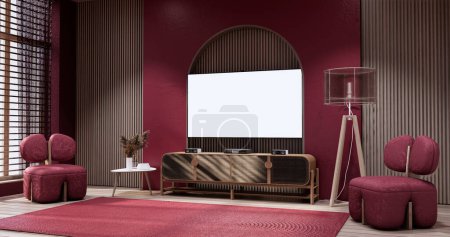 Téléchargez les photos : Cabinet in Viva magenta Living room with red wall and armchair japandi style. - en image libre de droit