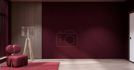 Foto de Viva magenta Living room with red wall and armchair japandi style. - Imagen libre de derechos