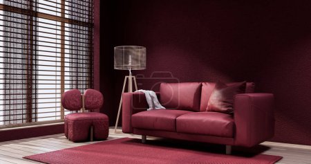 Photo for Viva magenta Living room with red wall and armchair japandi style. - Royalty Free Image