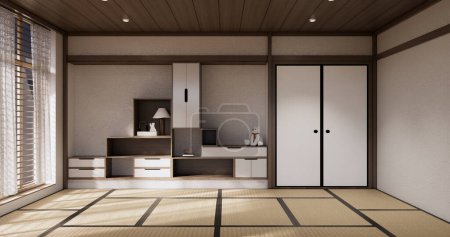 Foto de Gabinete de madera japandi diseño en sala de estar muji estilo fondo de pared vacío. - Imagen libre de derechos