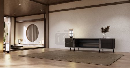 Photo for Cabinet wooden japandi design on living room muji style empty wall background. - Royalty Free Image