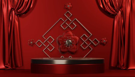 Téléchargez les photos : Red podium show cosmetic product geometric - en image libre de droit