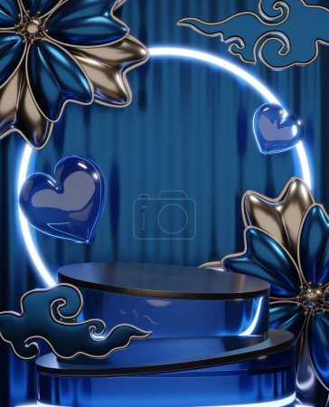 Photo for Dark blue geometric background, japanese style podium blue concept. - Royalty Free Image