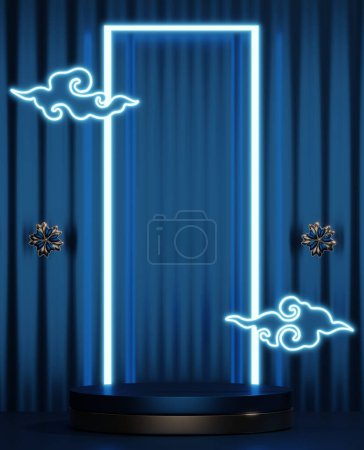 Foto de Dark blue geometric background, japanese style podium blue concept. - Imagen libre de derechos
