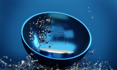 blue podium and water drop Abstract on the blue background.