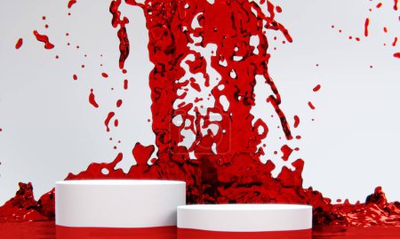 Photo for The product display stand and red water splashing on background. - Royalty Free Image