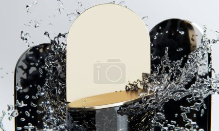Foto de Podio negro y salpicaduras de agua sobre fondo blanco.Representación 3D - Imagen libre de derechos
