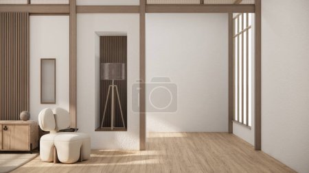 Muji estilo, habitación de madera vacía, limpieza interior de la habitación japandi, representación 3D