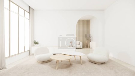 Foto de Muji minimalista, muebles de sofá y diseño moderno de la habitación mínima.3D renderizado - Imagen libre de derechos