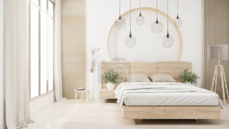 Foto de Dormitorio japonés estilo minimalista., pared blanca moderna y suelo de madera, habitación minimalista. Renderizado 3D - Imagen libre de derechos