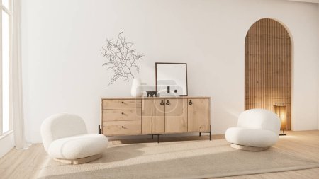 Foto de Muji minimalista, muebles de sofá y diseño moderno de la habitación mínima.3D renderizado - Imagen libre de derechos