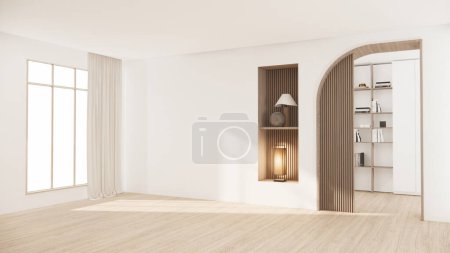 Téléchargez les photos : Architecture et concept intérieur Salle vide et panneaux de bois fond mural Illustration 3D rendu - en image libre de droit