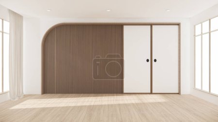 Foto de Arquitectura e interiorismo Sala vacía y paneles de madera fondo de pared Ilustración 3D renderizado - Imagen libre de derechos
