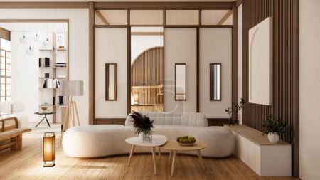 Foto de Sofá muebles y maqueta moderna habitación de diseño mínimo.3D renderizado - Imagen libre de derechos