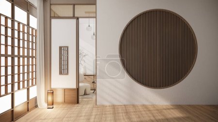 Foto de Muji estilo, habitación de madera vacía, limpieza interior de la habitación japandi, representación 3D - Imagen libre de derechos
