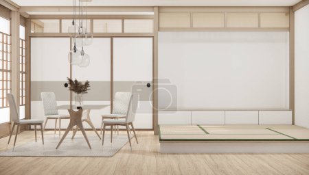 Téléchargez les photos : Style japonais moderne minuscule salle cuisine et table à manger mur blanc plancher de bois. - en image libre de droit