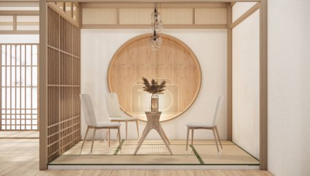 Photo for Modern japan style tiny room kitchen and dining table white wall wood floor. - Royalty Free Image