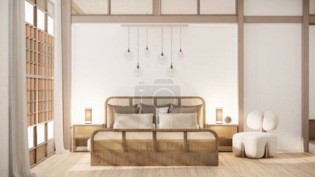 Téléchargez les photos : Chambre vide de style japonais décorée avec lit en bois, mur blanc et mur en bois. - en image libre de droit