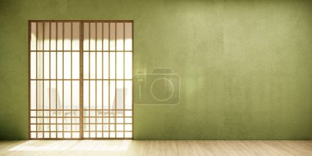 Téléchargez les photos : Couloir vert Nettoyer intérieur de la chambre minimaliste japonaise. - en image libre de droit