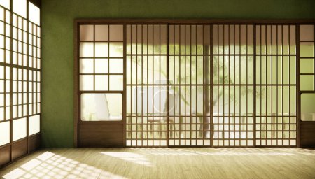 Téléchargez les photos : Couloir vert Nettoyer intérieur de la chambre minimaliste japonaise. - en image libre de droit
