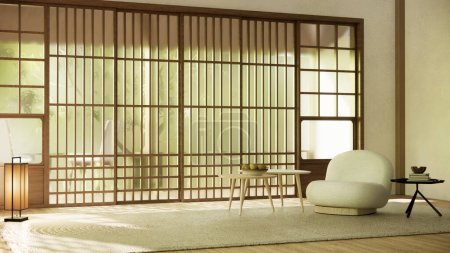 Téléchargez les photos : Salon minimaliste de style japandi décoré avec canapé. - en image libre de droit