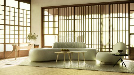 Téléchargez les photos : Salon minimaliste de style japandi décoré avec canapé. - en image libre de droit