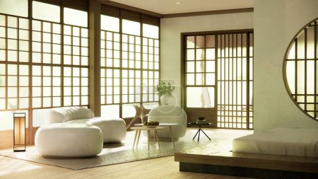 Foto de Minimalista sala de estar de estilo japandi decorada con sofá. - Imagen libre de derechos