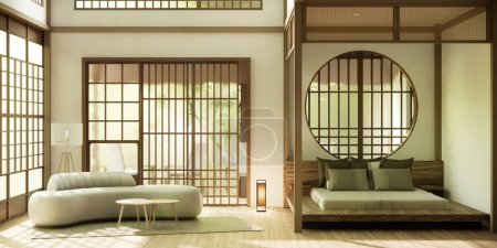 Photo for Japan style empty room decorated with wooden bed, white wall and wooden wall. - Royalty Free Image