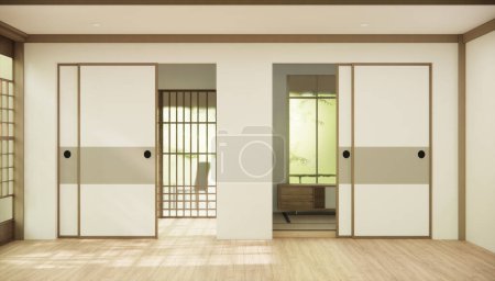 Téléchargez les photos : Le couloir Nettoyer l'intérieur de la pièce minimaliste japonaise, rendu 3D - en image libre de droit