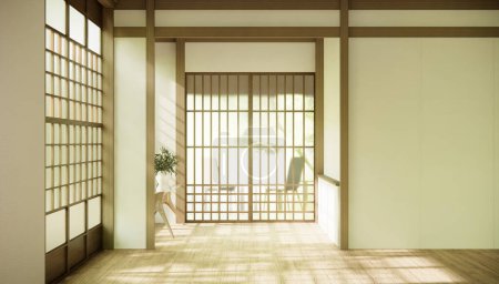 Foto de El pasillo Limpiar el interior de la habitación minimalista japonés, representación 3D - Imagen libre de derechos