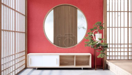 Photo for Interior, Cabinet shelves on red wall design room with decoration ,lamp,plants,carpet,arm chair. - Royalty Free Image