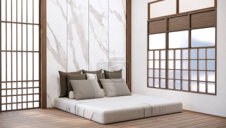 Téléchargez les photos : Chambre de style japonais moderne décorée et lit minimaliste. - en image libre de droit
